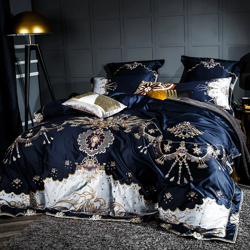 silk bed sheets Egyptian Cotton Embroidered Bedding Set - Blue
