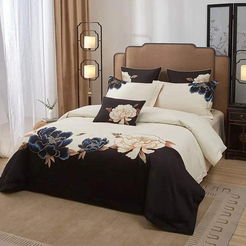 silk bed sheets Egyptian Cotton Embroidered Patchwork Bedding Set - Black