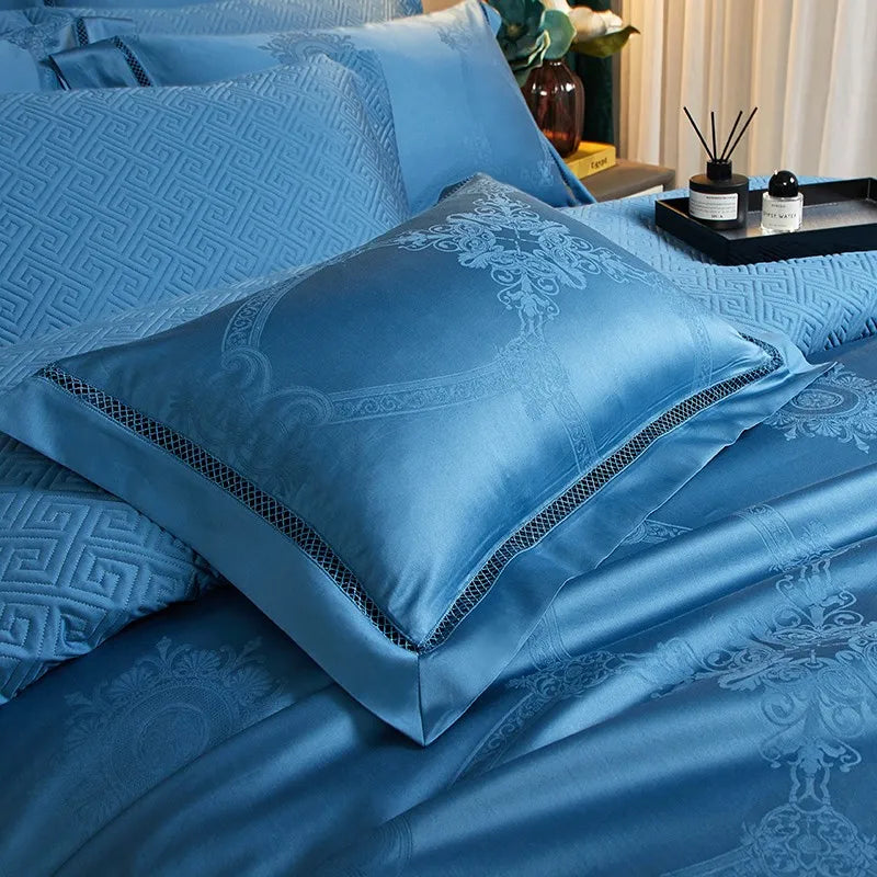 silk bed sheets Egyptian Cotton Jacquard Wave Bedding Set - Blue