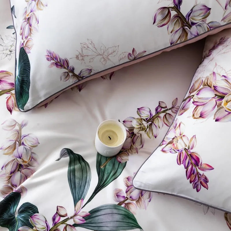 silk bed sheets Egyptian Cotton Tropical Leaves Floral Bed Set - White