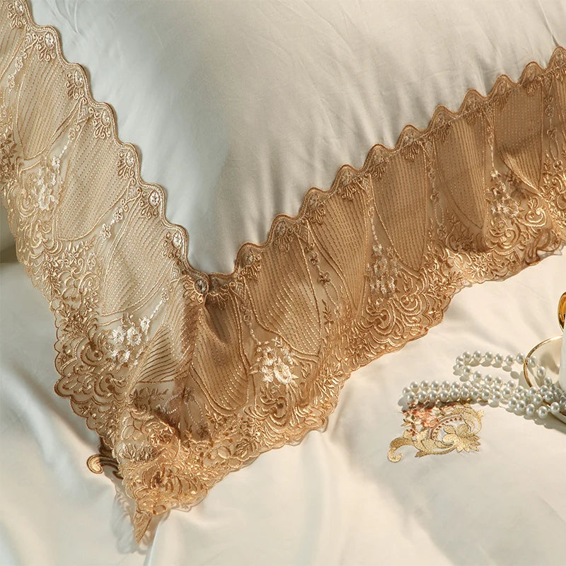 silk  bedding 600TC Luxurious Embroidered Cotton Ruffle Quilt Cover Set