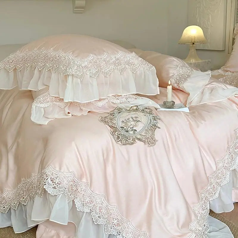 silk  bedding French Vintage 1000TC Cotton Ruffle Lace Bedding Set - Pink
