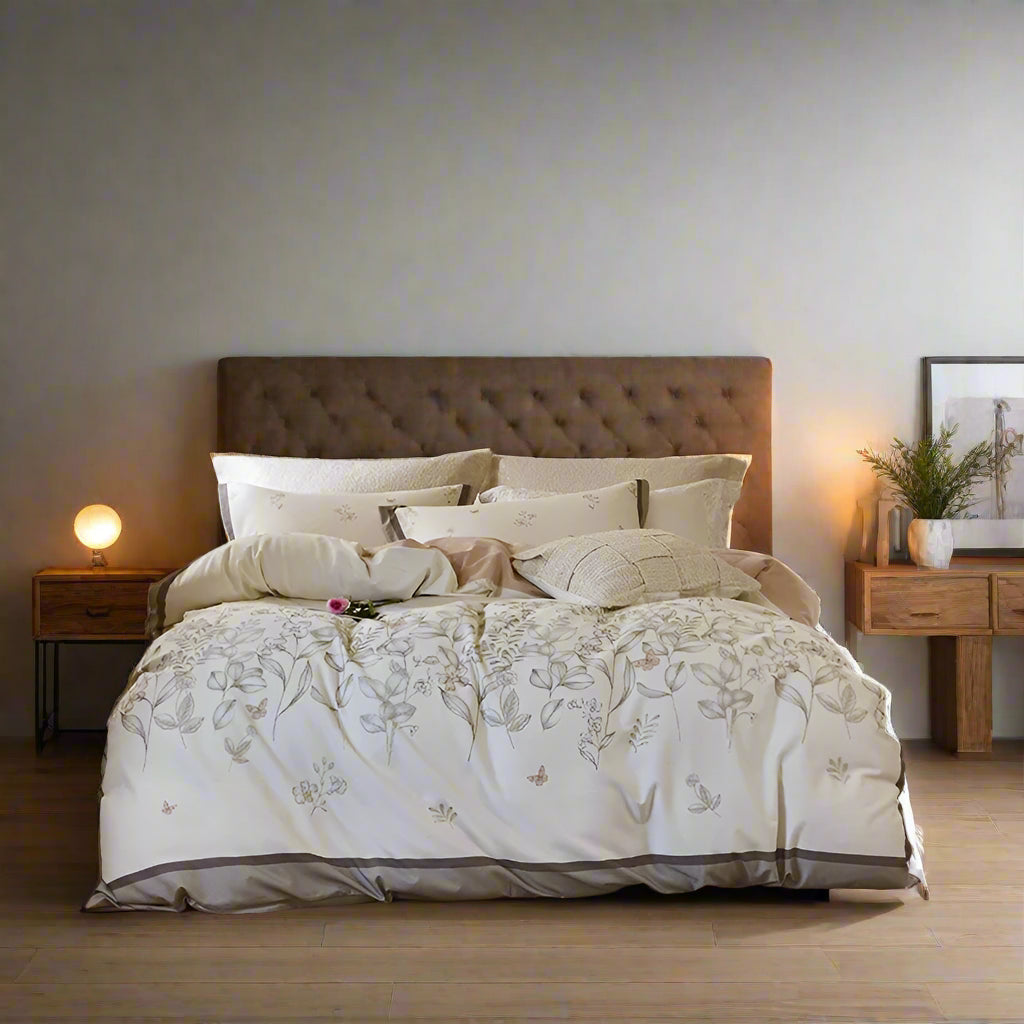 silk bedding Soft Cotton Floral Duvet Cover Set - Cream