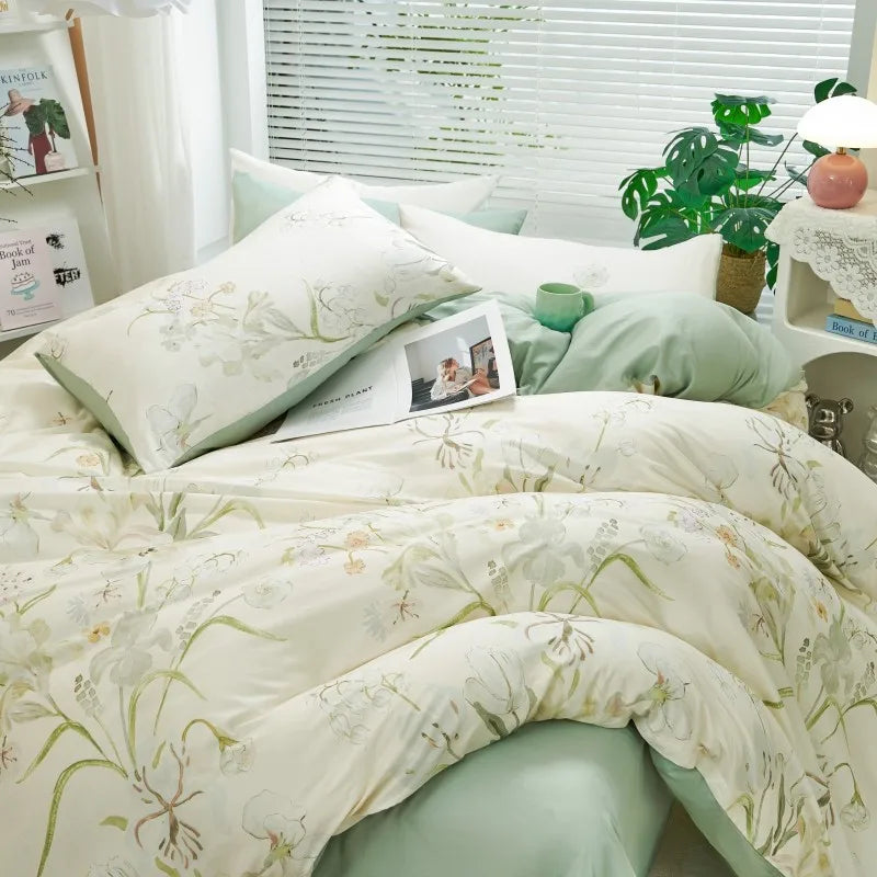 silk bedding Ultra Soft 400TC Cotton Floral Printed Bedding Set - White