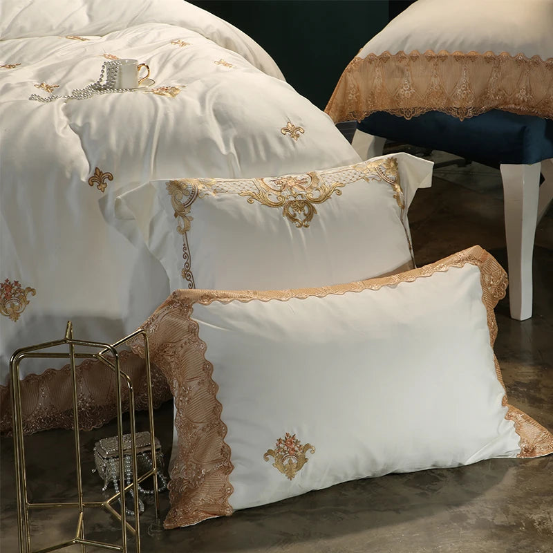 silk luxury bedding 600TC Luxurious Embroidered Cotton Ruffle Quilt Cover Set