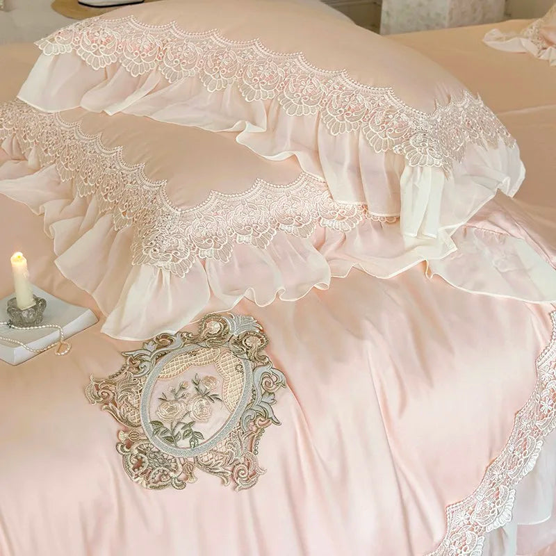 silk luxury bedding French Vintage 1000TC Cotton Ruffle Lace Bedding Set - Pink