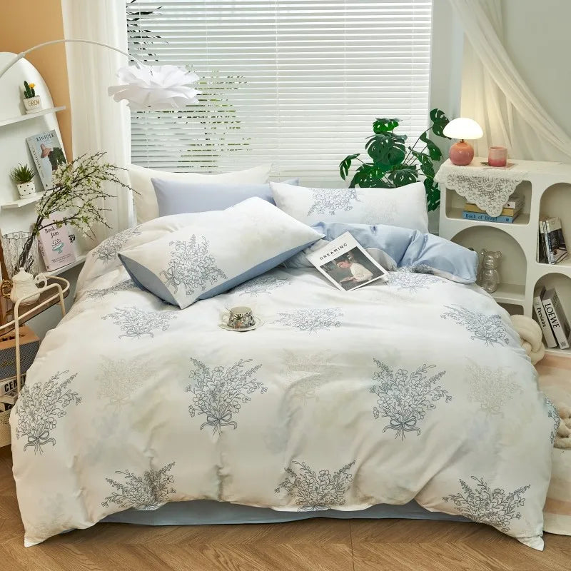 silk luxury bedding Ultra Soft 400TC Cotton Floral Printed Bedding Set - Pastel Blue
