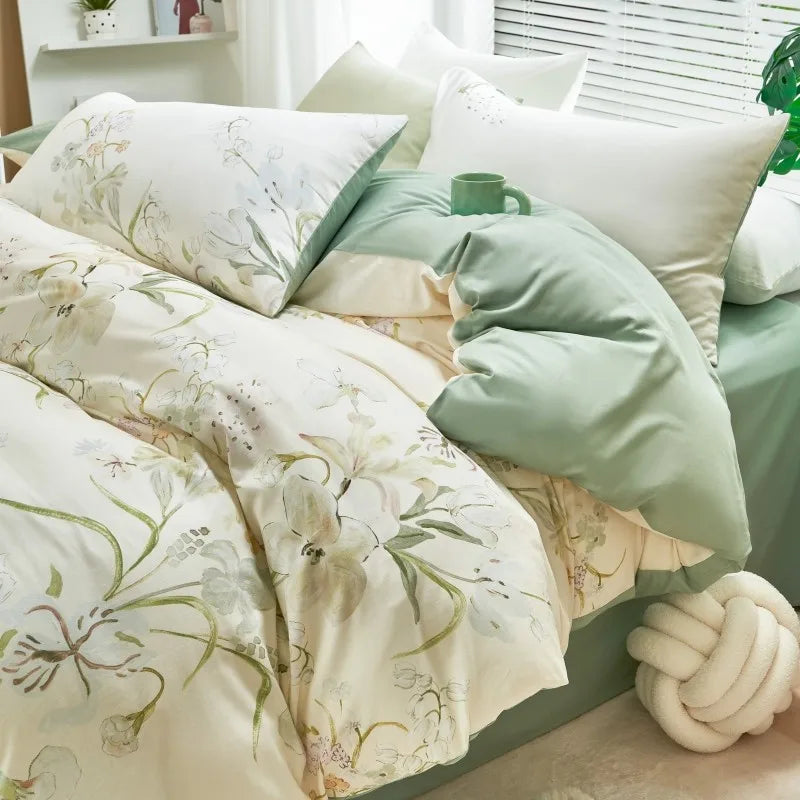 silk luxury bedding Ultra Soft 400TC Cotton Floral Printed Bedding Set - White