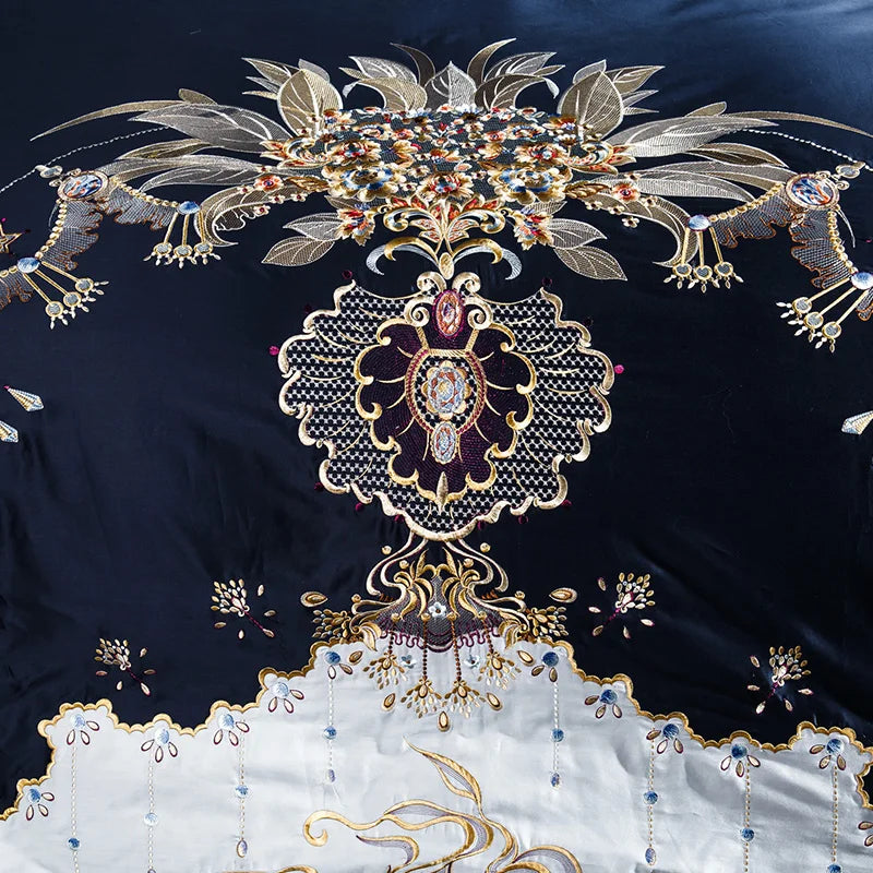 silk sheets Egyptian Cotton Embroidered Bedding Set - Blue