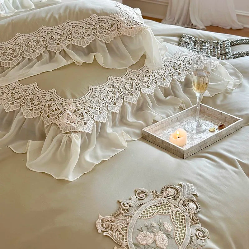 softest luxury bed sheets French Vintage 1000TC Cotton Ruffle Lace Bedding Set - Army Green