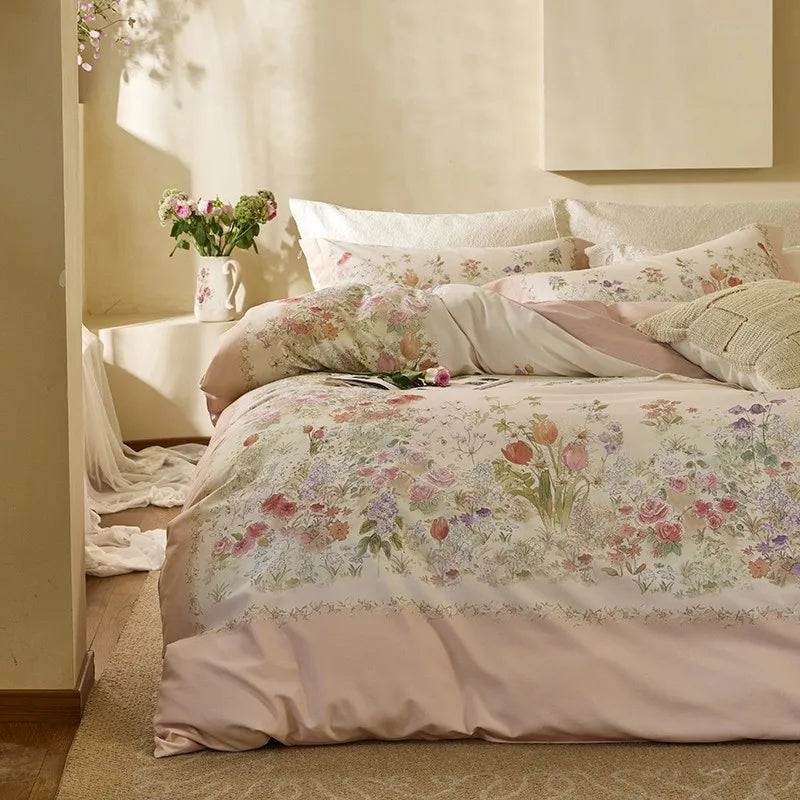 softest luxury bed sheets Soft Cotton Floral Duvet Cover Set - Light Orange