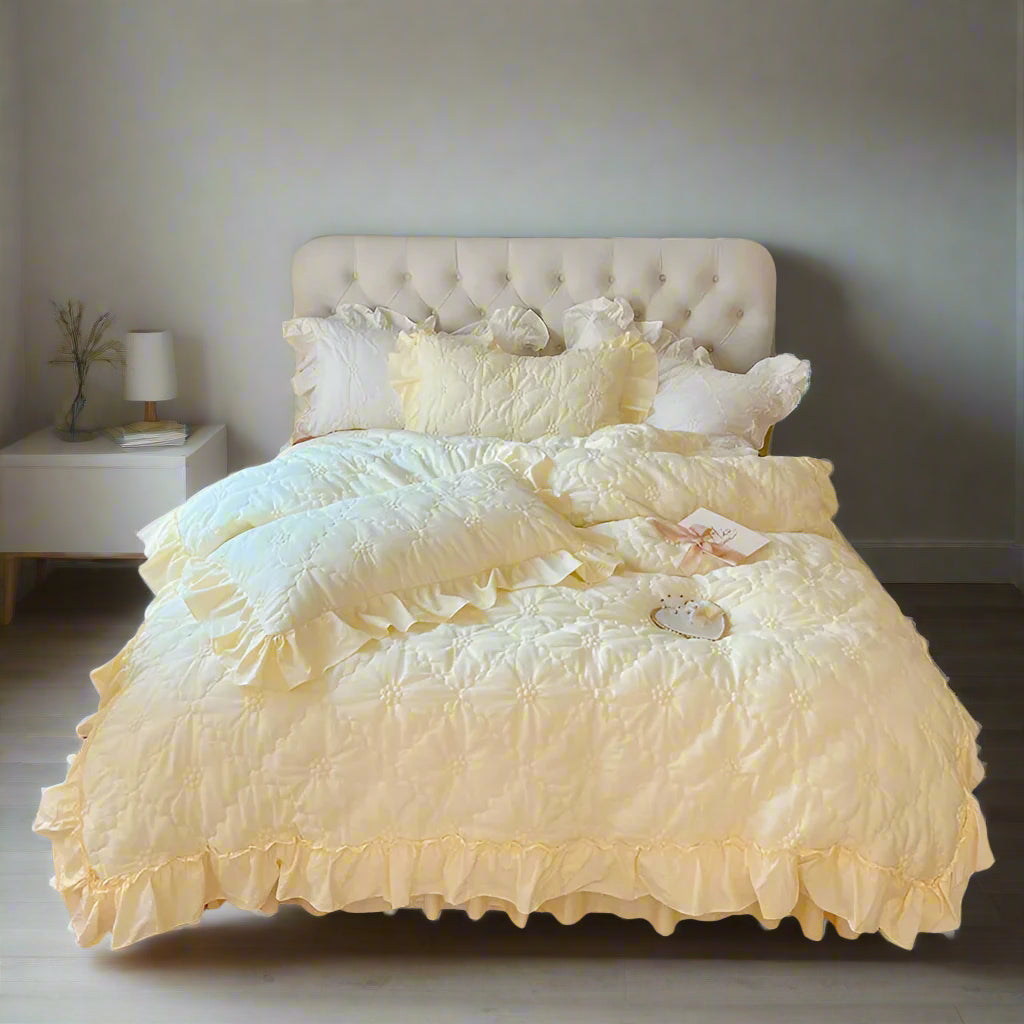 yellow Pinch Pleated Cotton Duvet Cover Set in Butter Yellow | Queen & King
